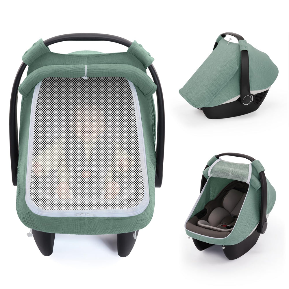 Blissful Diary baby car seat cover with extra-large mesh window for easy visibility and ventilation.