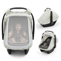 Blissful Diary baby car seat cover with mesh window for breathable airflow.