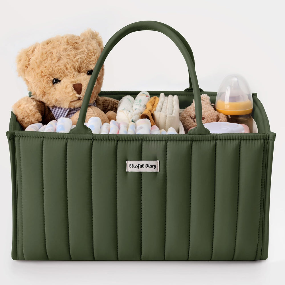 Blissful Diary diaper caddy in deep green keeps nursery essentials organized and within reach.