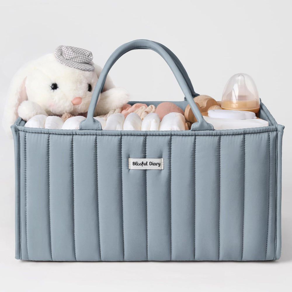 Blissful Diary baby diaper caddy organizer keeps diapers and wipes neatly at hand.