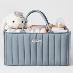 Blissful Diary baby diaper caddy organizer keeps diapers and wipes neatly at hand.