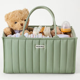 Blissful Diary diaper caddy in sage green on changing table for easy organization