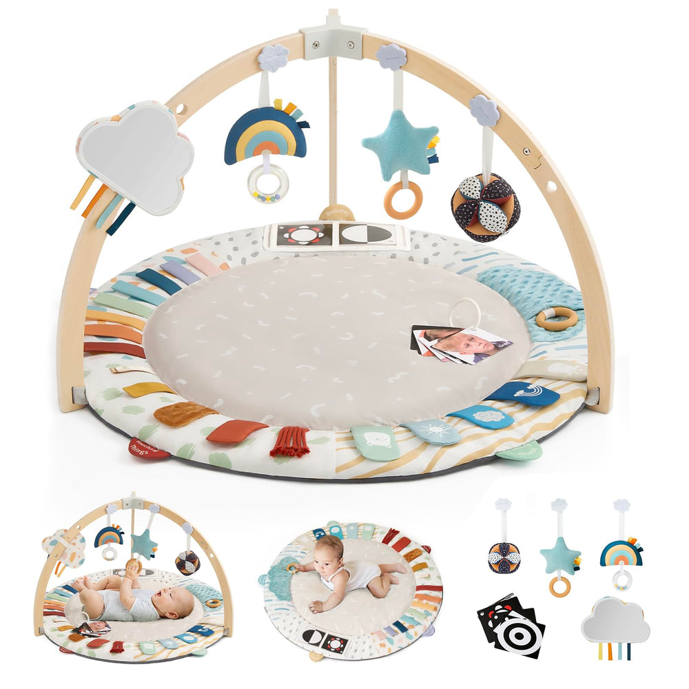 Blissful Diary baby play gym with wooden bar supports safe tummy time exploration