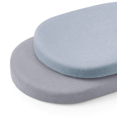 Blissful Diary bassinet sheets in light blue muslin offering breathable comfort for delicate baby skin