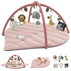 Blissful Diary crystal pink leaf-shaped play gym for tummy time and sensory exploration.