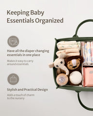 Blissful Diary diaper caddy with handles and removable dividers for customizable storage.