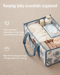 Blissful Diary diaper caddy with long handles for nursery or car transport.