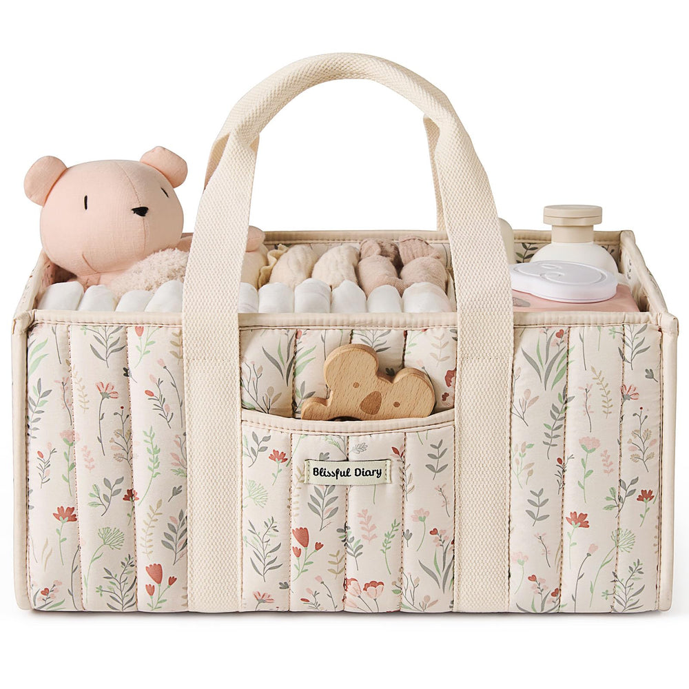 Blissful Diary floral diaper caddy organizer top view for nursery storage
