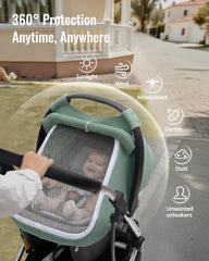 Infant windproof canopy shields sun and breeze while leaving space to breathe.