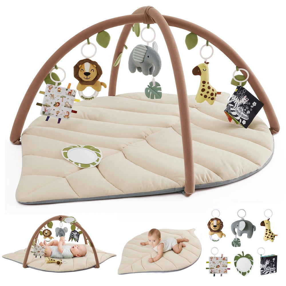 Blissful Diary leaf-shaped play mat in oatmeal beige for tummy time and sensory exploration.