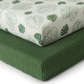 Blissful Diary monstera-pattern crib sheet adds modern style to a neutral nursery
