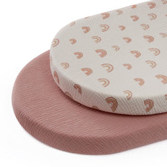 Blissful Diary muslin bassinet sheet in dusty pink, breathable for delicate baby skin.