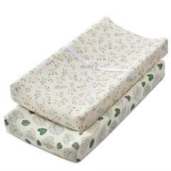 Blissful Diary leaf-print muslin changing pad cover for a soft, breathable changing surface.