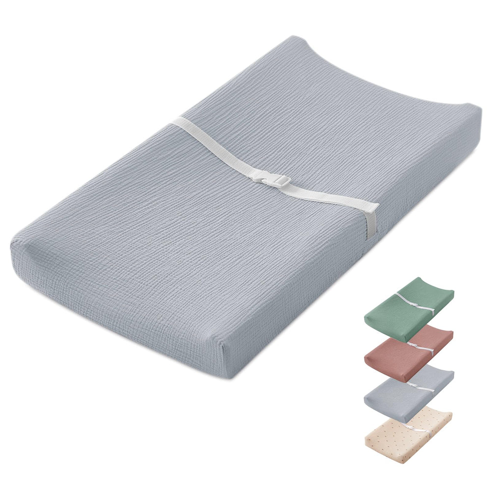 Blissful Diary muslin changing pad with gray cover for gentle diaper changes
