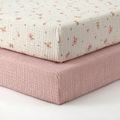 Blissful Diary pink floral muslin crib sheet offers breathable comfort for baby sleep