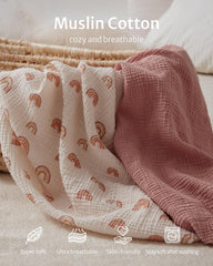 Blissful Diary muslin mini crib sheets with rainbow pattern for cheerful nursery styling.