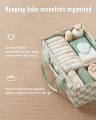 Blissful Diary nursery storage basket with outer pockets for quick pacifier access.
