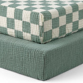 Blissful Diary sage checkboard crib sheet with breathable muslin for cozy naps.