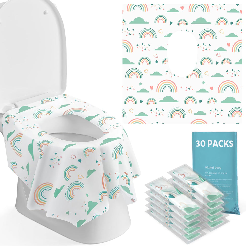 Blissful Diary travel-pack toilet seat cover on a public toilet for quick protection