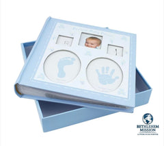 Blue baby photo album sample layout with window display