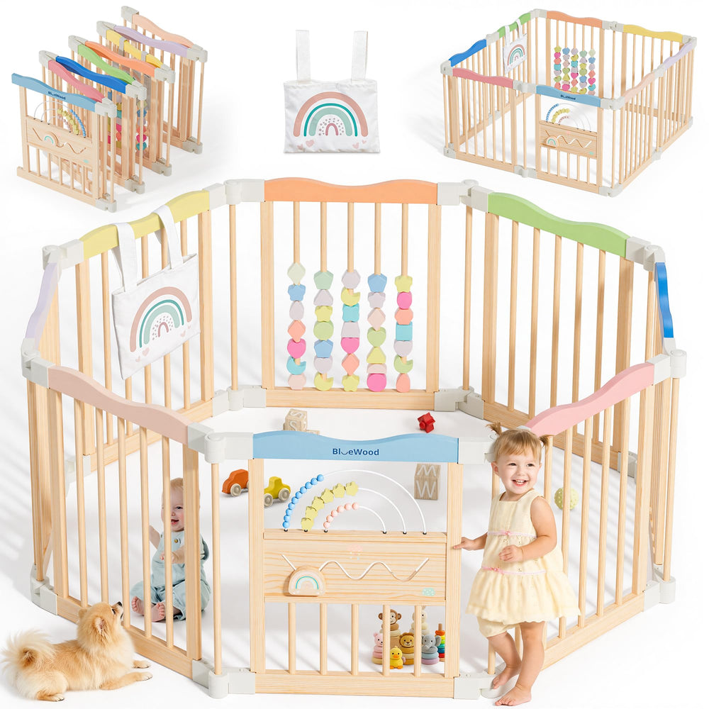 BlueWood foldable playpen showing eight-panel layout for versatile play space