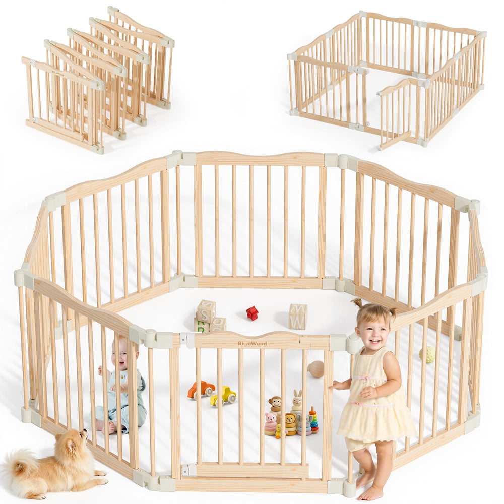 BlueWood foldable playpen assembly demonstrates tool-free setup for quick use.