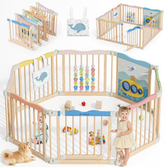 BlueWood foldable playpen with door in Ocean Adventure creates a safe play area for babies.