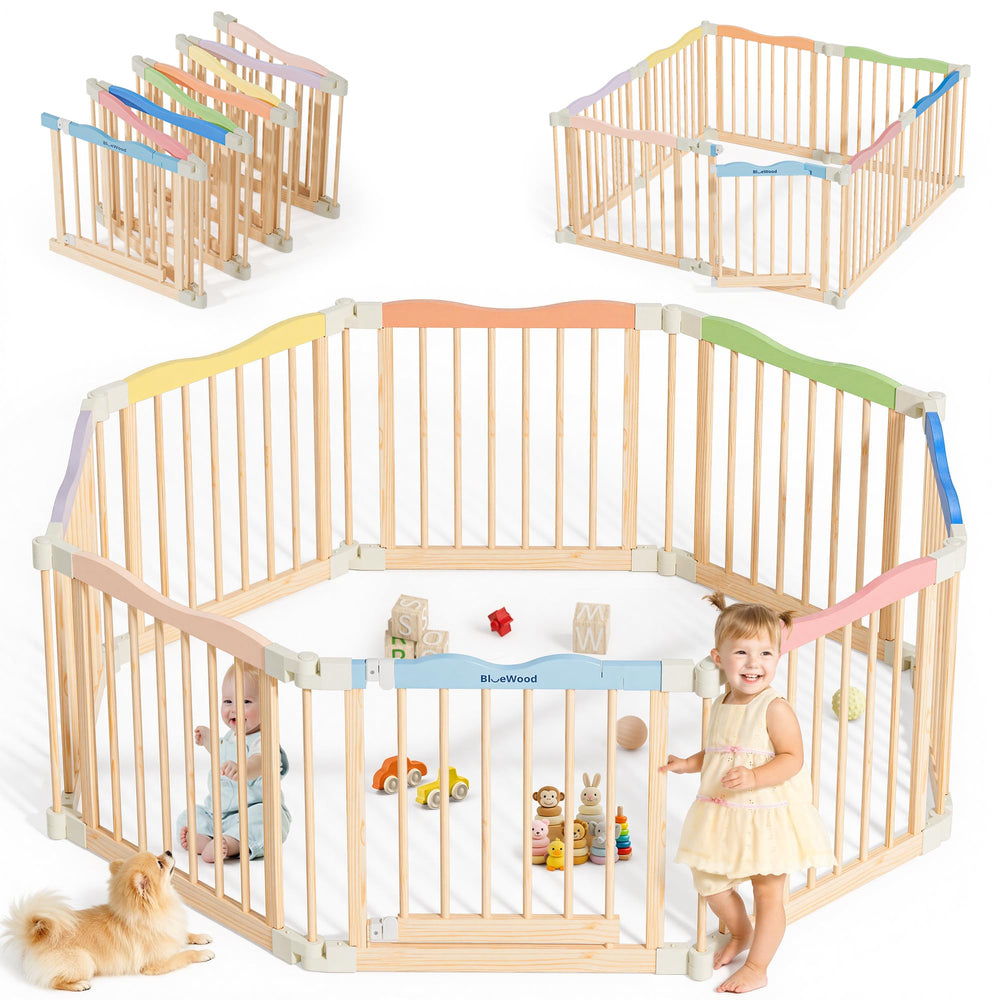 BlueWood Foldable Wooden Playpen front view showing safe, spacious play area