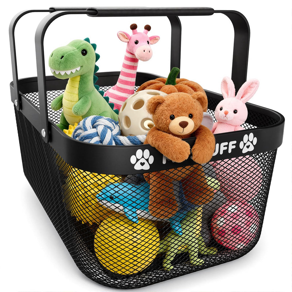 BluPup metal dog toy basket with mesh design for clutter-free living room.