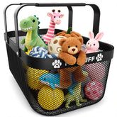 BluPup metal dog toy basket with mesh design for clutter-free living room.