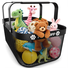 BluPup metal dog toy basket with mesh design for clutter-free living room.