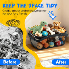 BluPup storage basket holds multiple plush toys for quick playtime access.