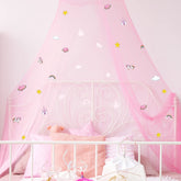 Boao Stars Glow bed canopy with unicorn motif in pink enhances nighttime imagination and comfort.