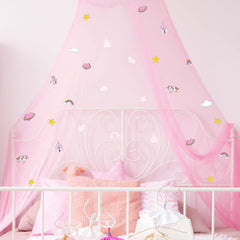 Boao Stars Glow bed canopy with unicorn motif in pink enhances nighttime imagination and comfort.