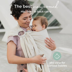 Boba Ring Sling Pampas hip carry demonstrates ergonomic support for parent and baby