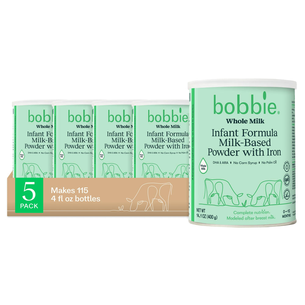 Bobbie whole milk baby formula cans showing packaging and quantity for newborn to 12 months