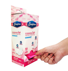 Bodyform Ultra Thin Pads with pull-tab dispenser for discreet, accessible protection in public restrooms.