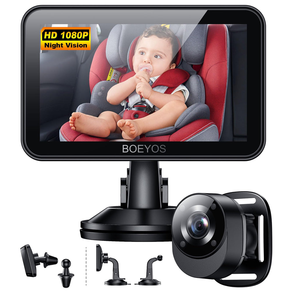 BOEYOS baby car mirror display shows clear 4.3-inch 1080p image.
