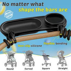 Boffinby snack tray deep cup holder secures bottles and cups to prevent spills.