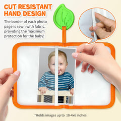 Fabric-backed safety mirror engages baby during photo viewing.