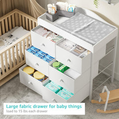 BOLUO dresser with six fabric drawers keeps baby clothes neatly organized.