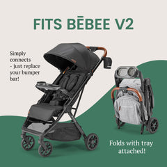 Dual compartments on Bombi tray keep snacks and drinks organized during stroller rides.