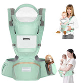 Boobezeen hip-seat carrier in M-position supporting baby's hips and posture