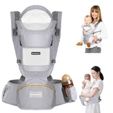 Boobezeen baby carrier with hip seat offers ergonomic hip support.