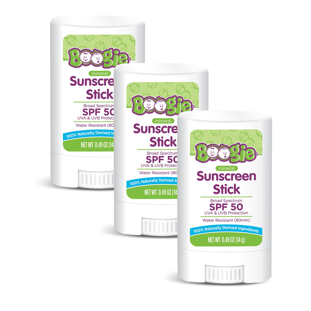 Boogie Block baby sunscreen stick close-up shows mineral protection for delicate skin.