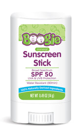 Boogie Block baby sunscreen stick packaging for quick, mess-free sun protection on the go.