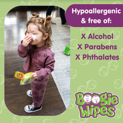 Boogie Wipes being used on the face with gentle moisture for skin care.