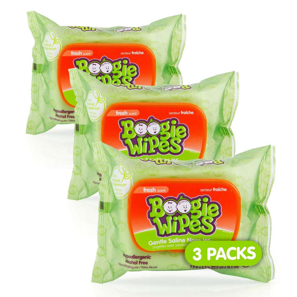 Boogie Wipes pack with flip-top lid open for quick nose cleaning.