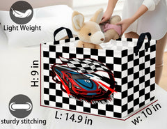 BOOHIT checkered canvas bin with leather handles for easy moving around