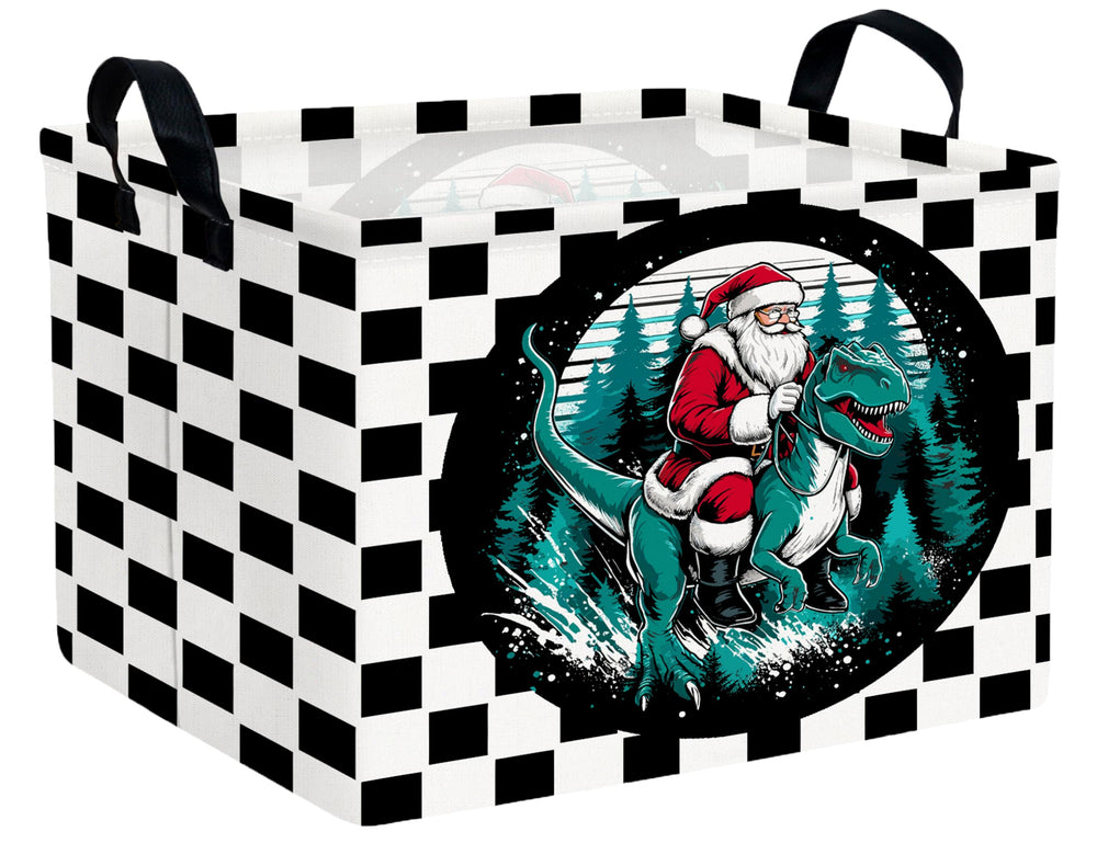 BOOHIT Christmas basket with dinosaur Santa design and a sturdy handle for easy transport.